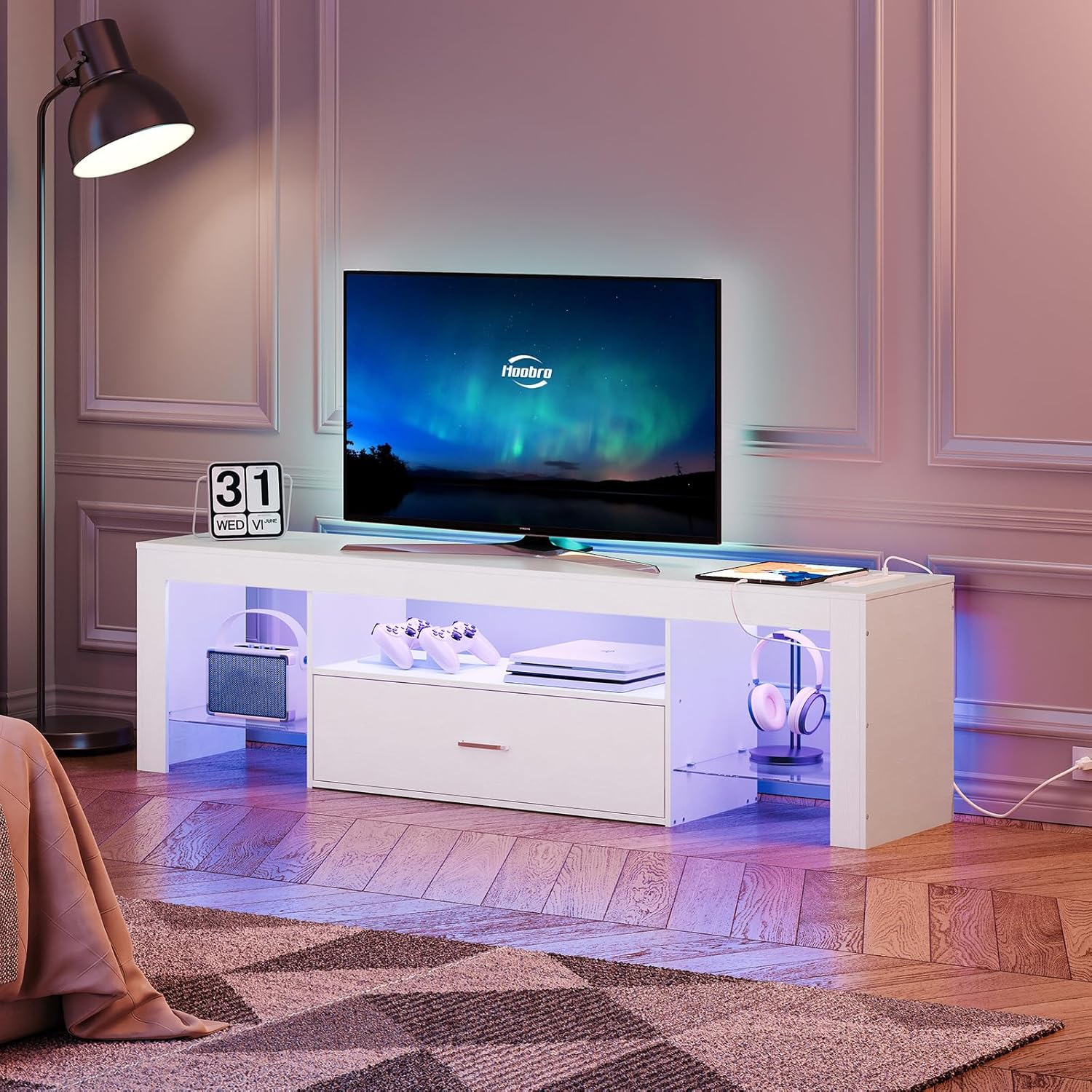 LED TV Stand with Power Outlet - Gaming Console Image avaliação e preço